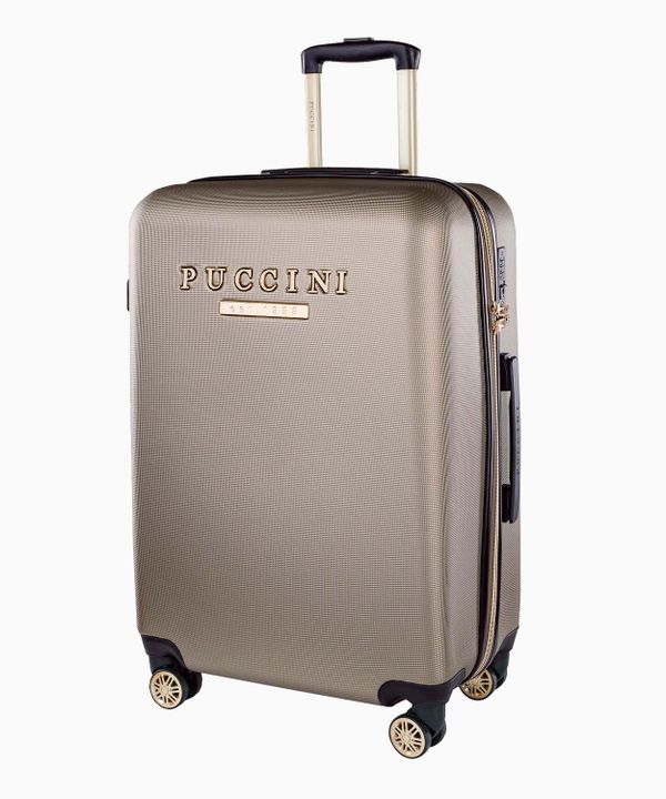 Średnia szampańska walizka z eleganckim napisem