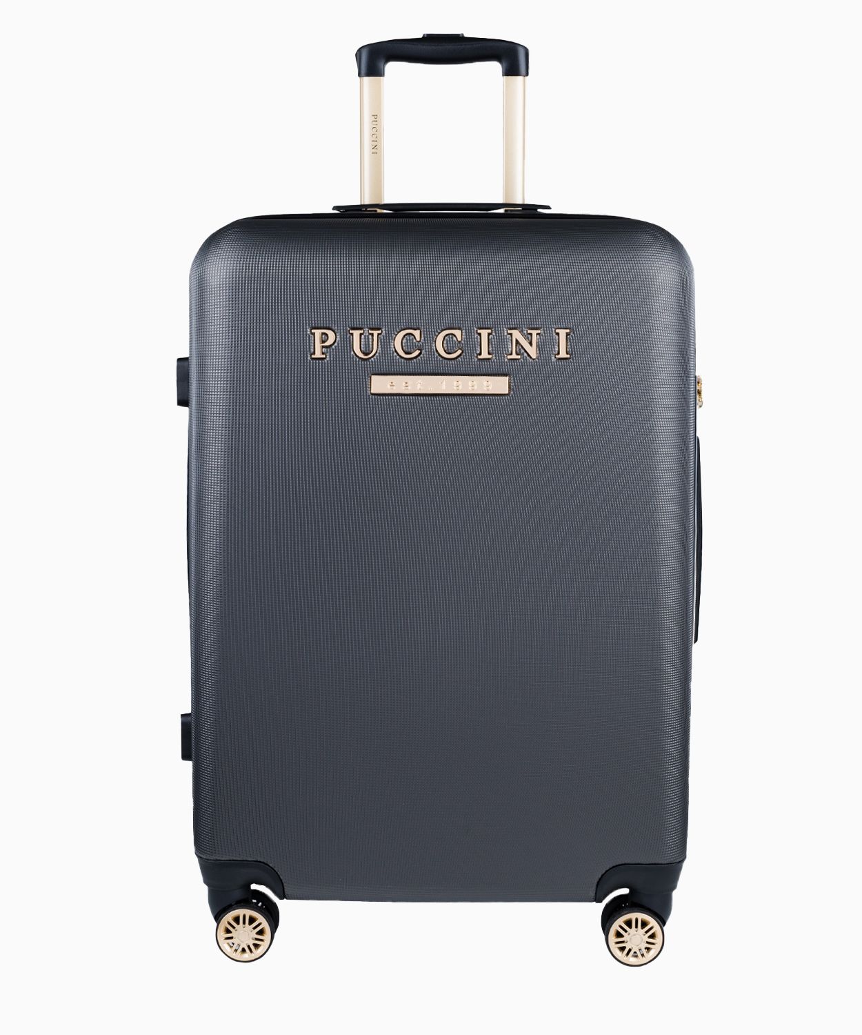 Średnia szara walizka z eleganckim napisem 