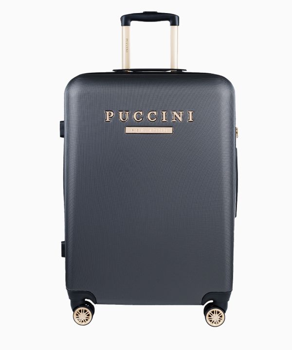 Średnia szara walizka z eleganckim napisem