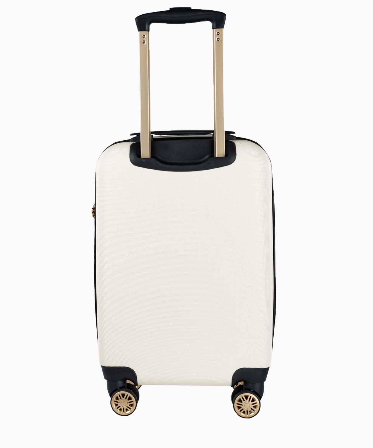 Biała walizka kabinowa z eleganckim napisem