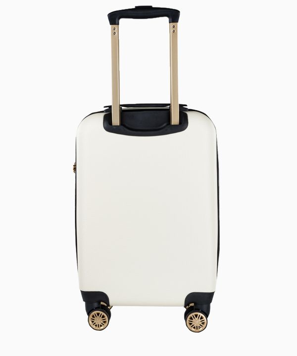 Biała walizka kabinowa z eleganckim napisem