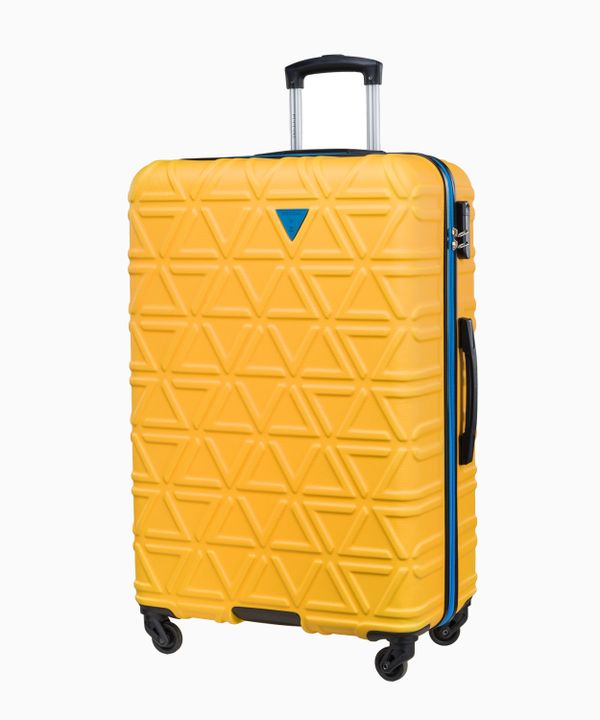 Duża żółta walizka z kontrastowym wykończeniem