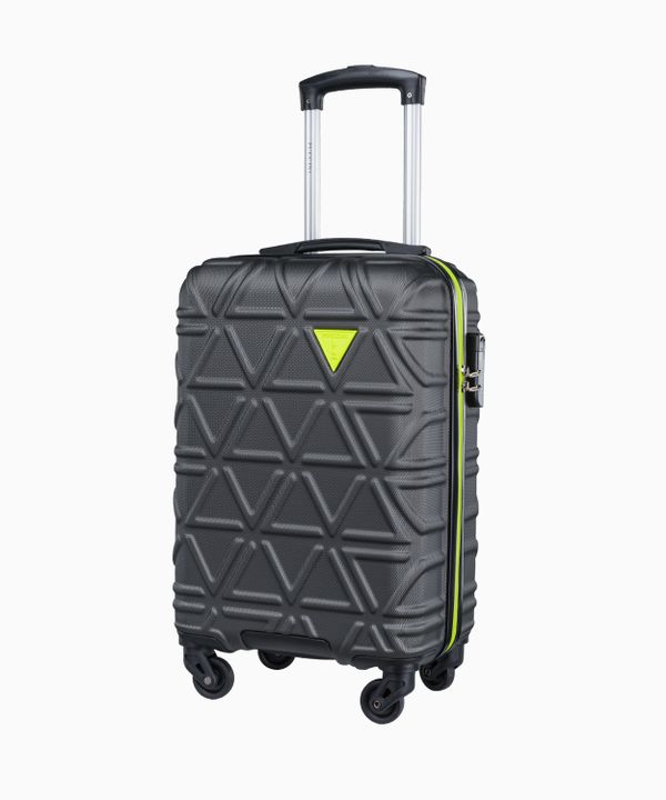 Kabinowa szara walizka z kontrastowym wykończeniem