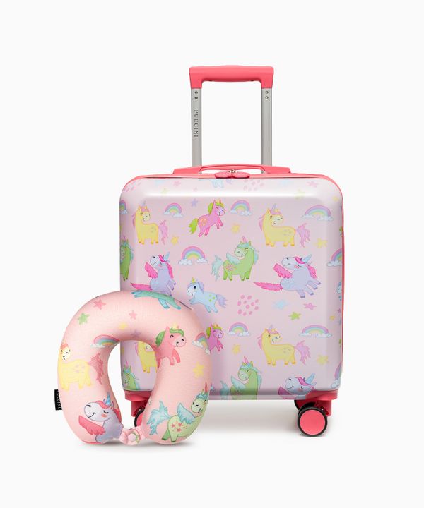 Zestaw walizka dla dzieci + poduszka podróżna różowy jednorożce