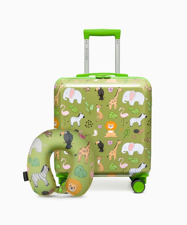 Zestaw walizka dla dzieci + poduszka podróżna zielony safari