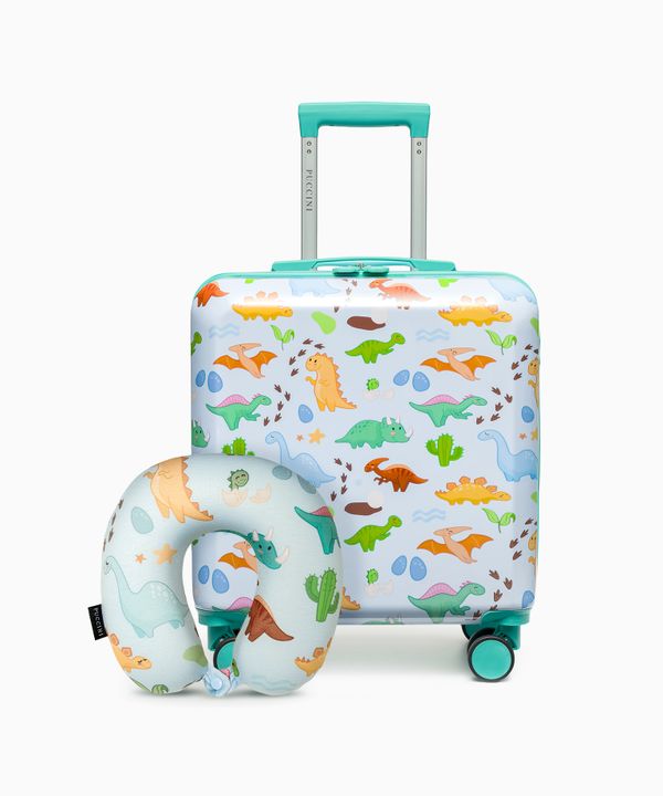 Zestaw walizka dla dzieci + poduszka podróżna niebieski dinozaury