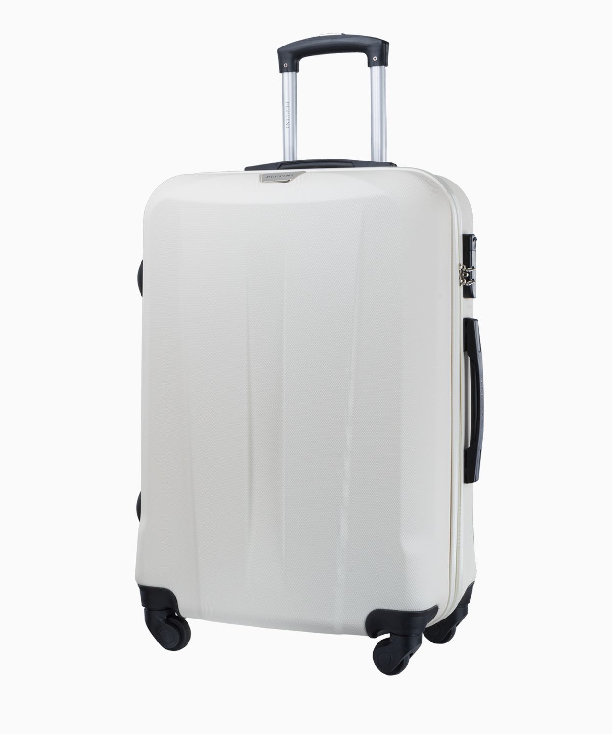 Biała średnia walizka na czterech kołach