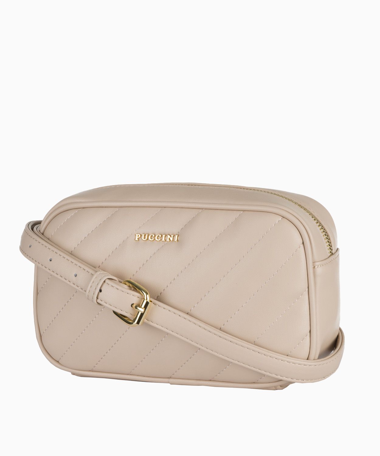 Beżowa torebka damska typu nerka z ukośnym pikowaniem