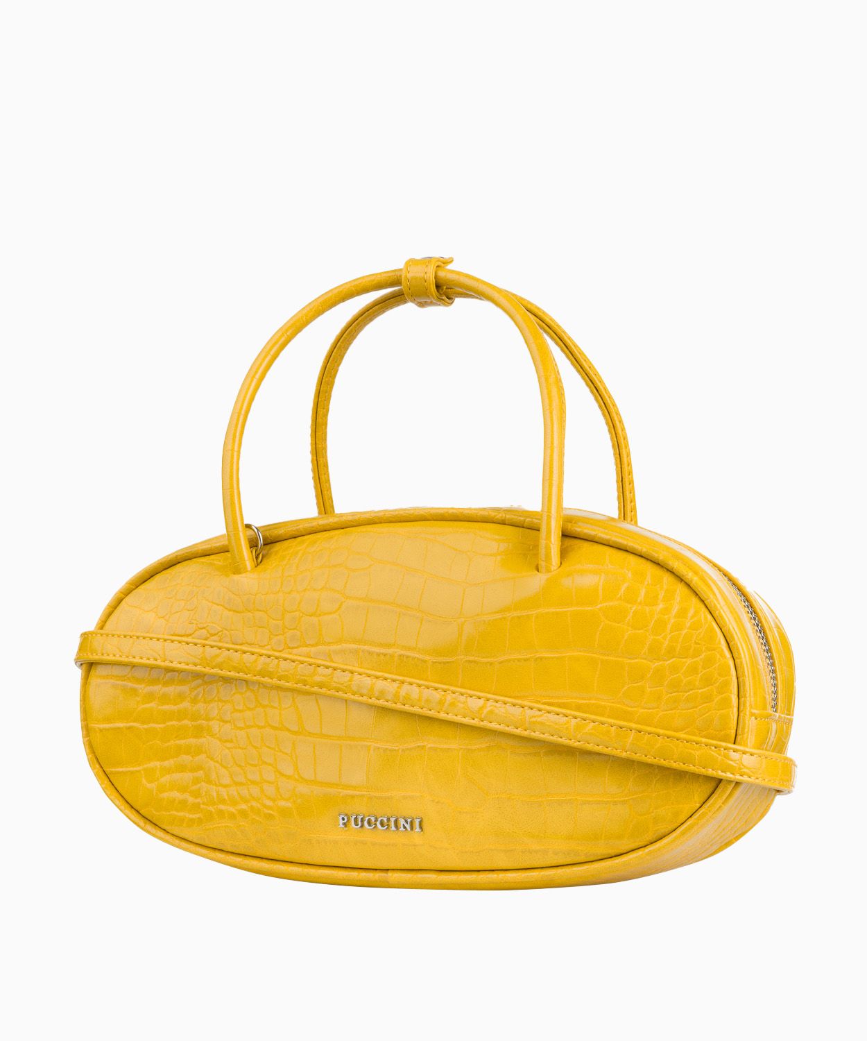 Owalna żółta torebka damska na łańcuszku o fakturze crocco