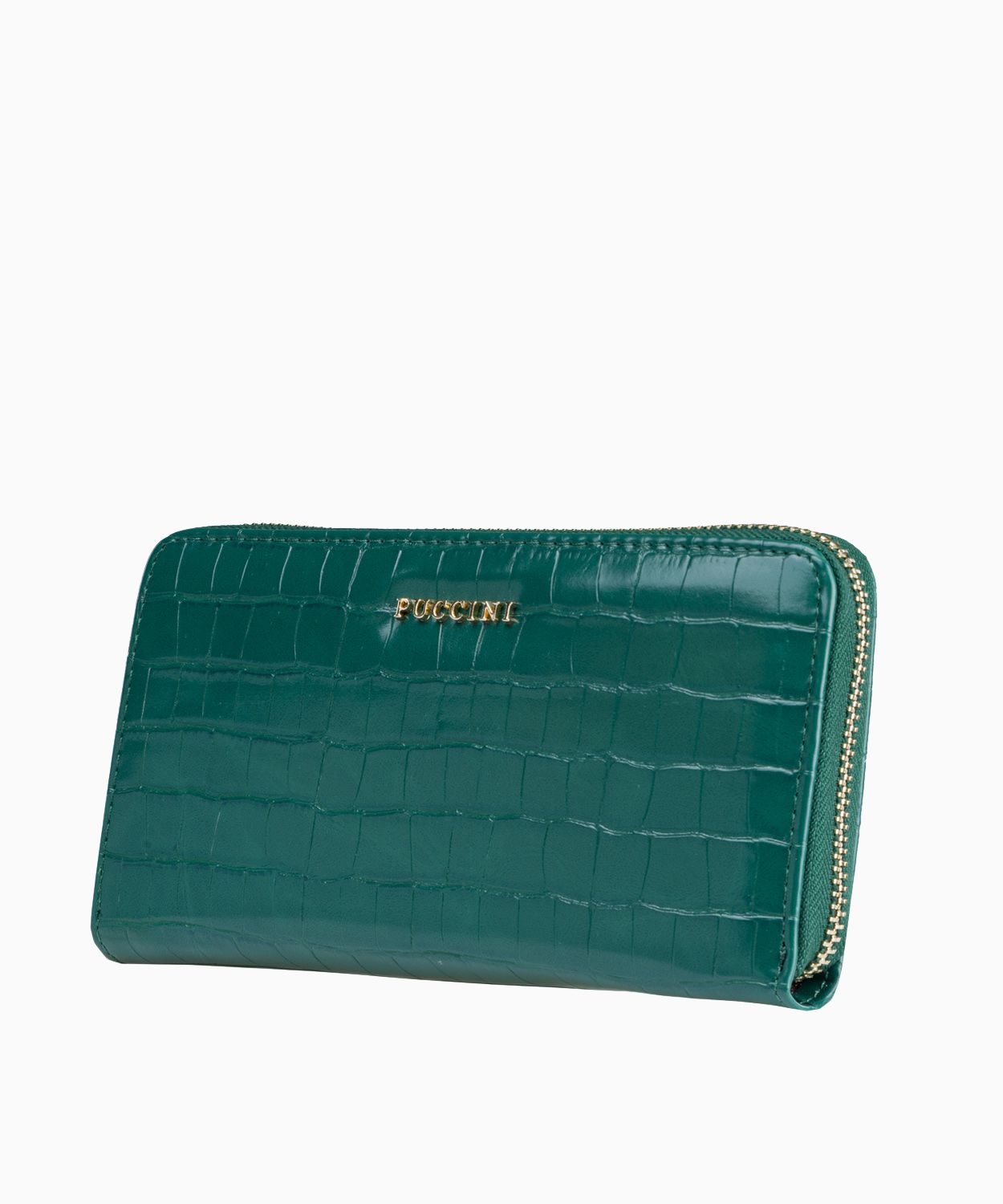 Duży zielony portfel damski o fakturze croco