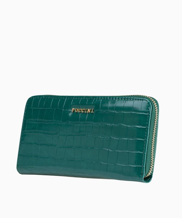 Duży zielony portfel damski o fakturze croco