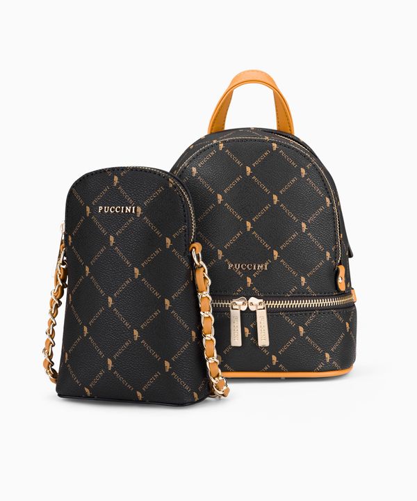 Zestaw plecak damski + torebka na telefon brązowy monogram