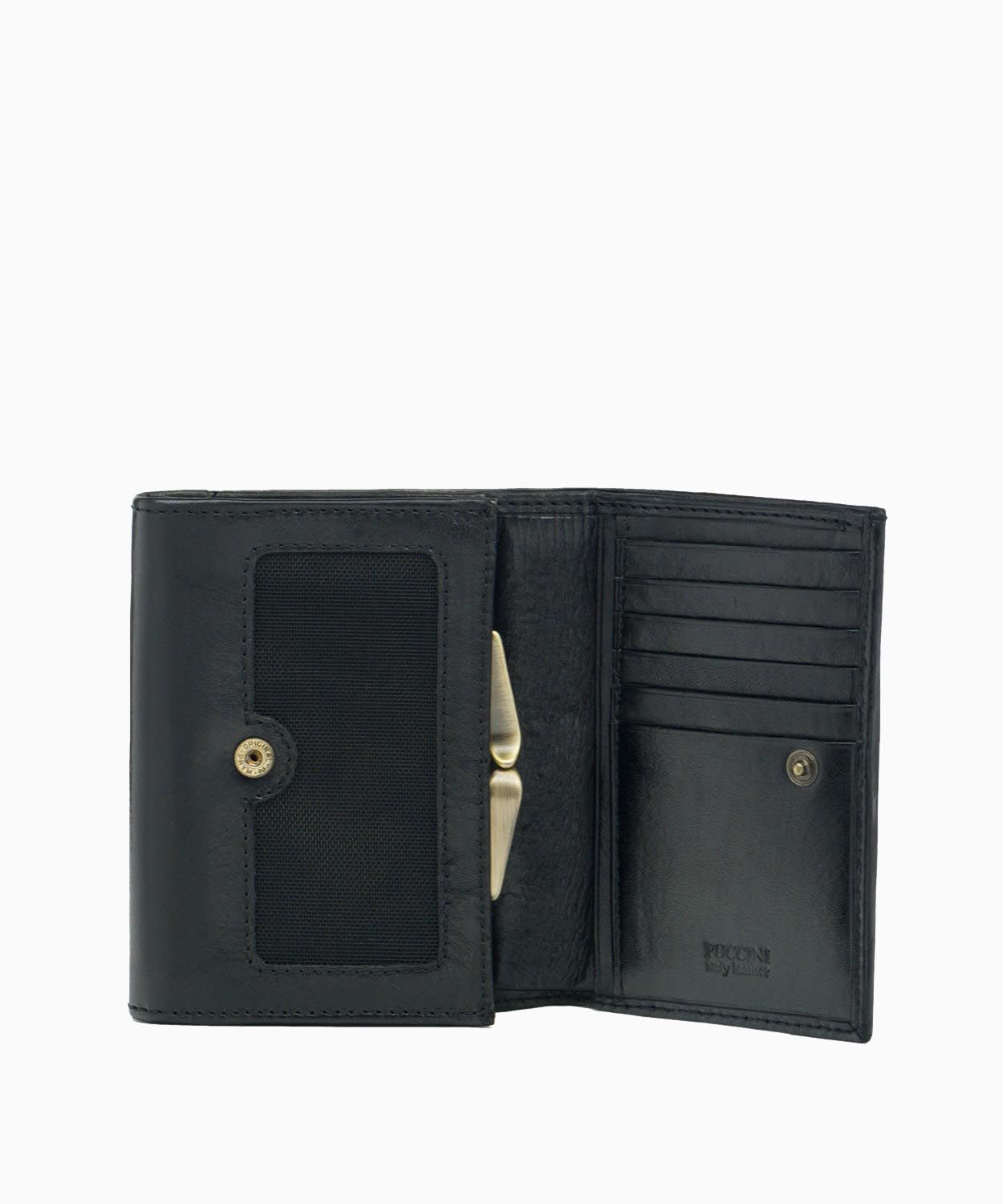 Klasyczny skórzany czarny portfel damski z kieszenią zamykaną na bigiel