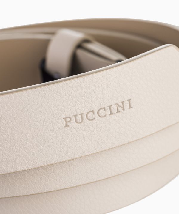 Beżowy skórzany pasek damski z ozdobną klamrą rozmiar s