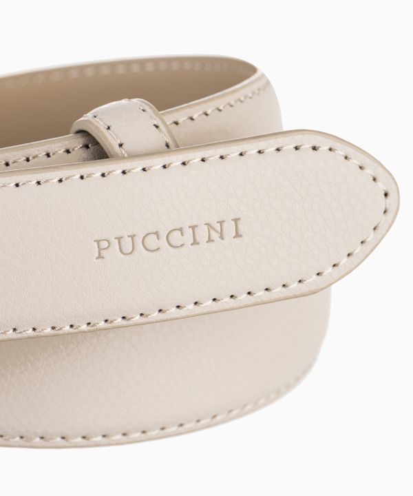 Beżowy skórzany pasek damski z okrągłą klamrą rozmiar l