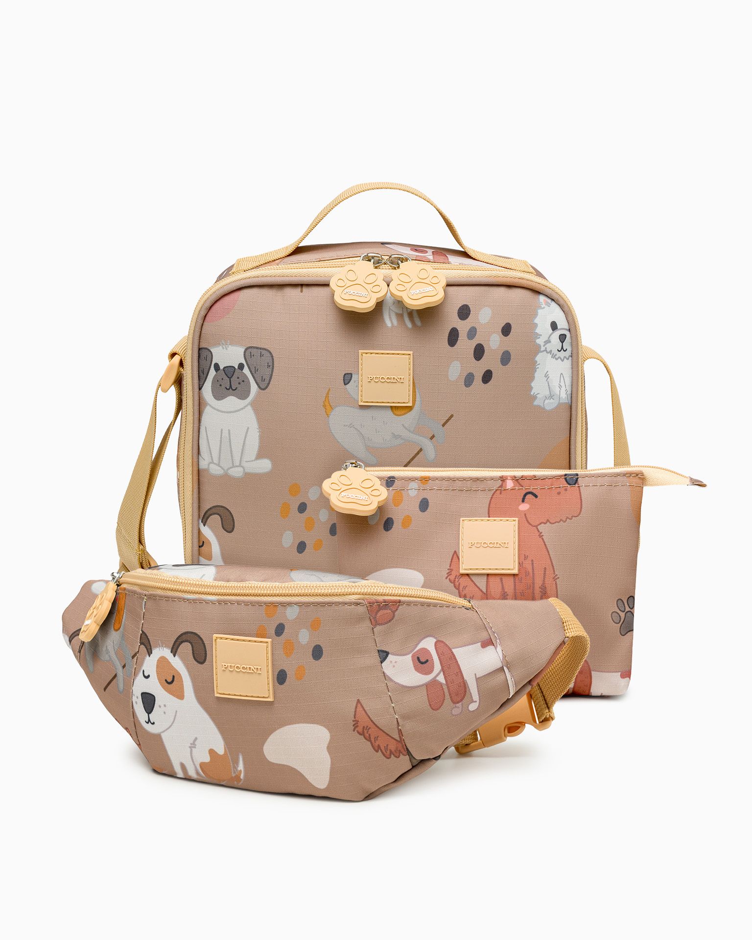 Zestaw torba na lunch + kosmetyczka + nerka dla dzieci brązowy psy