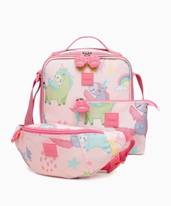 Zestaw torba na lunch + kosmetyczka + nerka dla dzieci różowy jednorożce