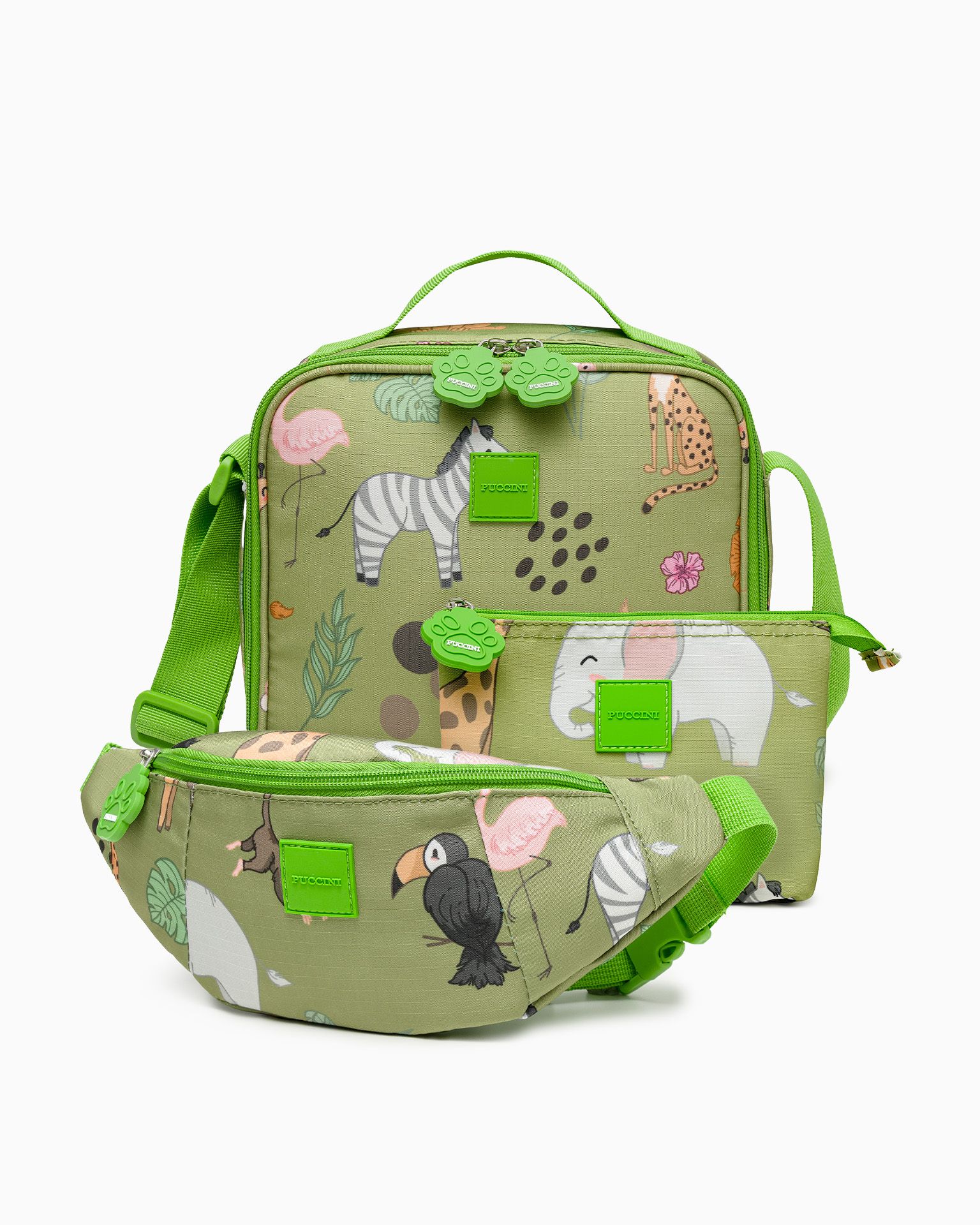 Zestaw torba na lunch + kosmetyczka + nerka dla dzieci zielony safari