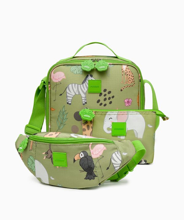 Zestaw torba na lunch + kosmetyczka + nerka dla dzieci zielony safari