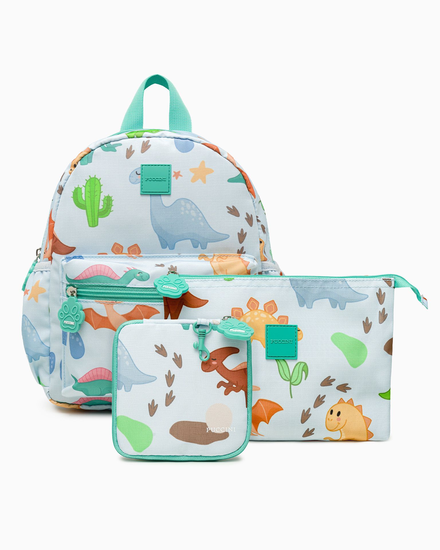 Zestaw plecak dla dzieci + portfel + kosmetyczka niebieski dinozaury