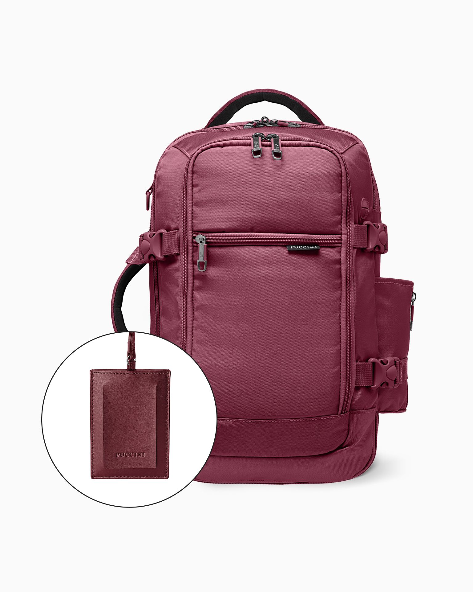 Zestaw plecak do samolotu + identyfikator do bagażu ze skóry naturalnej bordowy