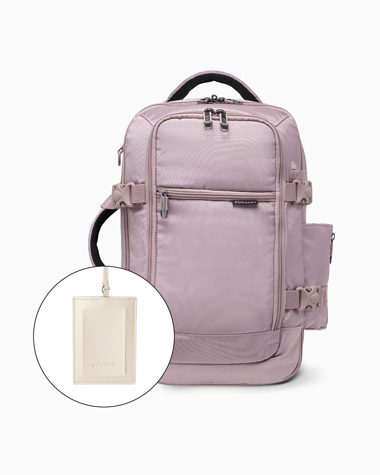 Zestaw plecak do samolotu + identyfikator do bagażu ze skóry naturalnej beżowy