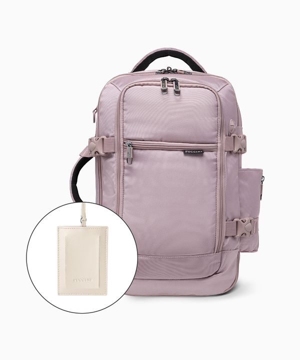 Zestaw plecak do samolotu + identyfikator do bagażu ze skóry naturalnej beżowy