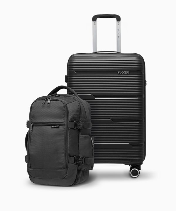 Zestaw średnia walizka z polipropylenu + plecak do samolotu czarny