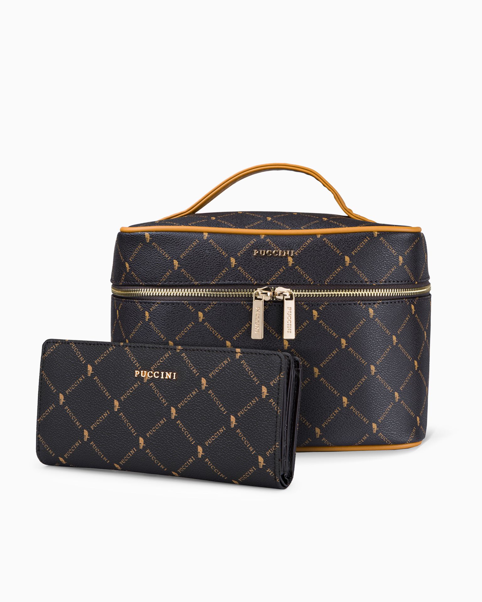 Zestaw kosmetyczka damska + portfel damski brązowy monogram